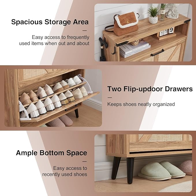 Shoe Storage Cabinet, Boho Rattan Shoe Organizer with 2 Flip Drawers,Farmhouse Freestanding Hidden Slim Narrow Shoe Rack Cabinet with Open Shelves for Entryway, Foyer,Hallway, Natural-NeatNest