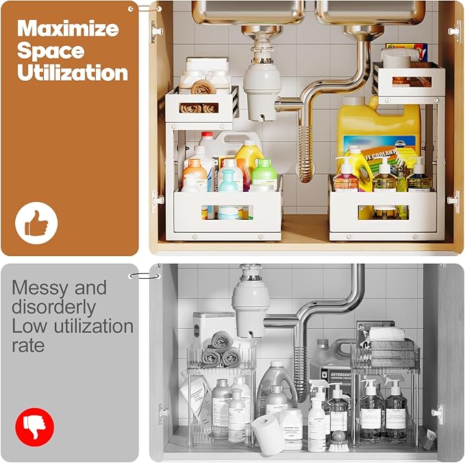 2-Pack Under Sink Organizers and Storage,2-Tier L Shape Pull Out Cabinet Organizer With Round Tube Slide Rails,Hight Adjustable Slide Out Drawers for Kitchen&Bathroom,Multi-Purpose Storage Shelf-White-NeatNest