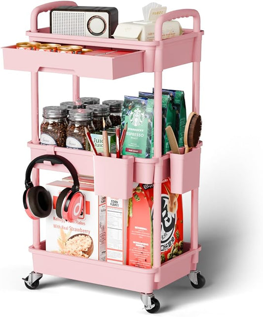 3 Tier Rolling Cart Organizer,Laundry Room Bathroom Organizers and Storage Office Shelves Mobile Shelving Unit Kitchen Trolley Cart with Wheels for Art,Craft,Diaper,Bedside,Snack(Pink)-NeatNest