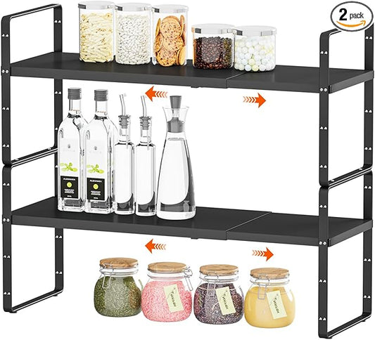 2Pack 16.5-27’’L Expandable Cabinet Countertop Shelf Organizer, Stackable Metal Shelves, Kitchen Organizers and Storage, Black Storage Spice Rack for Pantry and Cupboard-NeatNest