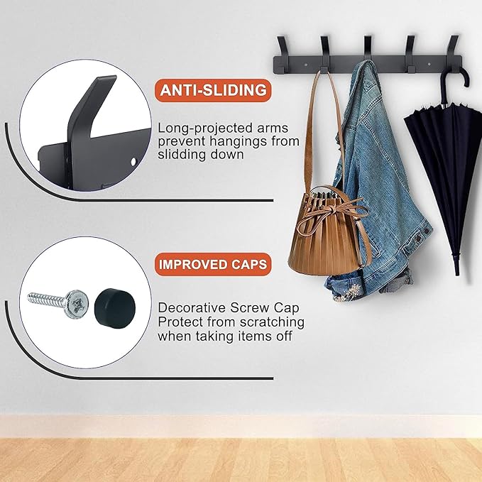 2 Pack Coat Rack Wall Mount, Heavy Duty Metal Coat Hook Hat Rack for Wall Hook for Hanging for Coat Hat Towel Purse Robes Mudroom Bathroom Entryway (Black)-NeatNest