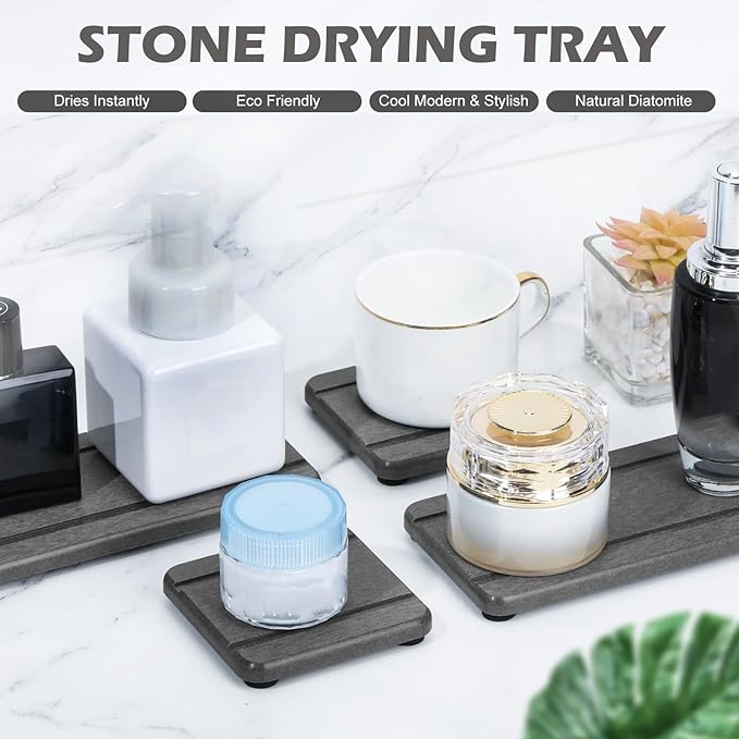 4PCS Stone Drying Trays for Bathroom Sink and Kitchen Counter, Water Absorbing Stone Tray with Diatomaceous Earth, Soap Dish and Coaster-NeatNest