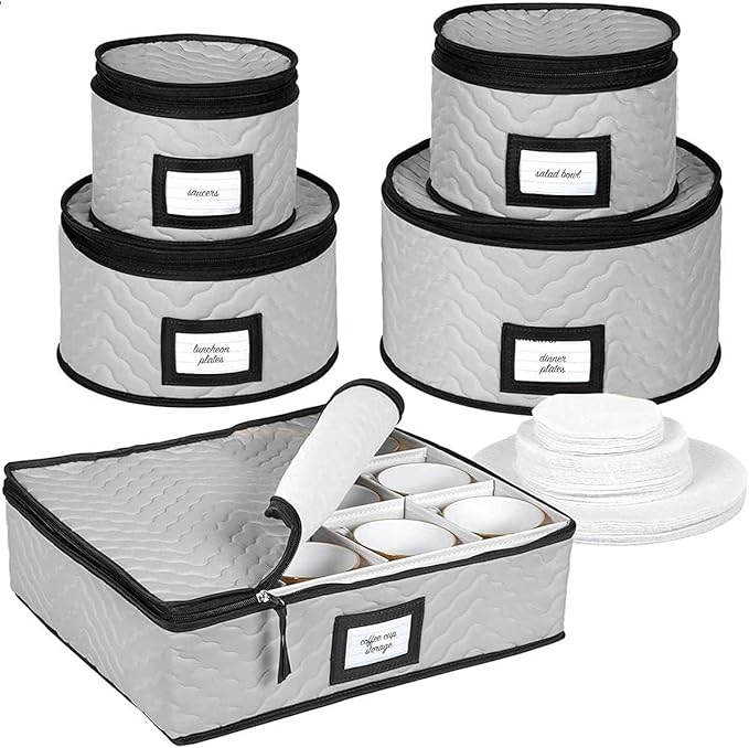 China Storage Containers 5-Piece Set Moving Boxes for Dinnerware, Glasses, Plates, Mugs and Saucers Sturdy Quilted Microfiber Dish Organizer with Dividers for Seasonal Storage - Gray-NeatNest