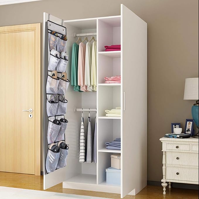 KEEPJOY Over The Door Shoe Organizer 2 Pack,Mesh Pockets Hanging Shoe Rack Over The Door,Shoe Storage Closet with 4 Hooks,Washable and Breathable Fabic,Large Size 57.5×12.6inch(Grey)-NeatNest