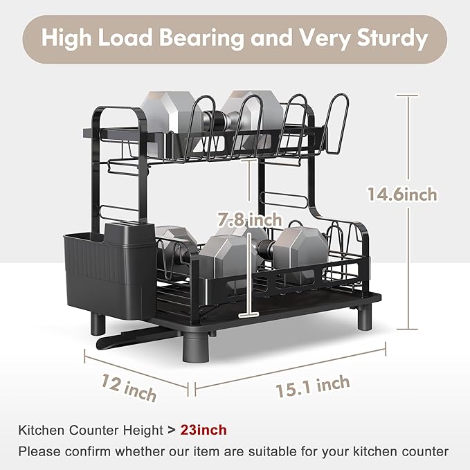 BOOSINY Dish Drying Rack, 2 Tier Large Stainless Steel Black Dish Rack for Kitchen Counter, Drying Rack with Cups Holder, Utensil Holder and Drainboard Set, Dish Strainer Shelf for Kitchen-NeatNest