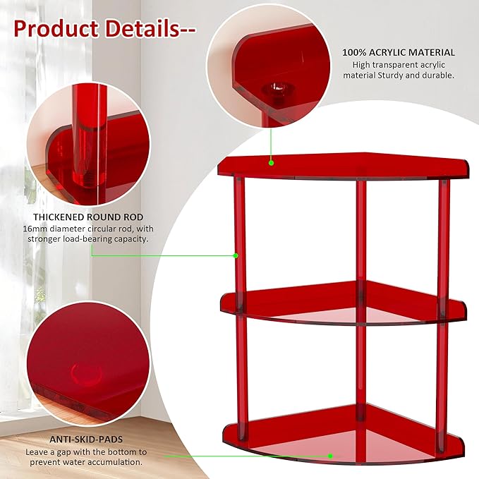 3 Tier Acrylic Corner Shelf Organizer Storage 9.5x9.5x15.7 Inch, Red Countertop Corner Shelf for Bathroom, Kitchen, Bedroom, Office, Study Room-NeatNest