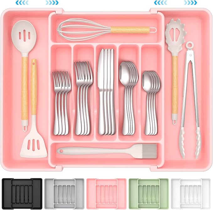 Extra Large Expandable Silverware Organizer, BPA-Free Food-Safe Cutlery Flatware Organizer, Kitchen Utensil Drawer Organizer, Adjustable Silverware Holder for Spoons Forks Knives, Pink-NeatNest