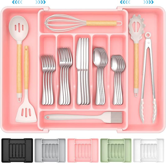 Extra Large Expandable Silverware Organizer, BPA-Free Food-Safe Cutlery Flatware Organizer, Kitchen Utensil Drawer Organizer, Adjustable Silverware Holder for Spoons Forks Knives, Pink-NeatNest