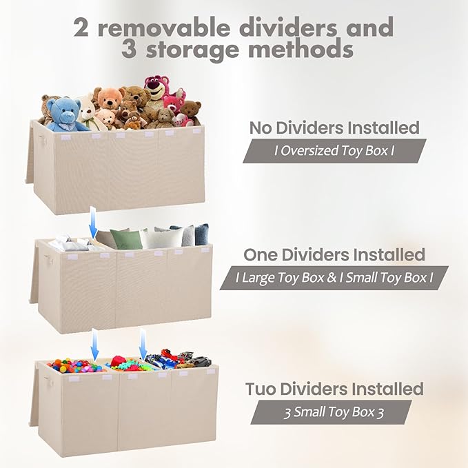 Extra Large Toy Box 167L, Sturdy Toy Storage Chest Organizer Bin Baskets with 2 Removable Divider for Boys, Girls, Kids, Nursery, Bedroom, Playroom, 35.5"x17" x17" (Linen Beige)-NeatNest