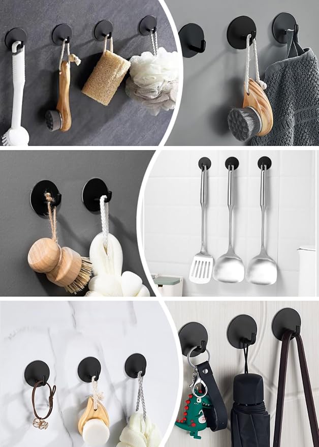 8 Pack Adhesive Towel Hooks for Bathroom, Stick on Hooks Bathroom Kitchen for Walls No Damage, Sticky Hook for Hanging Coat Robe, Black