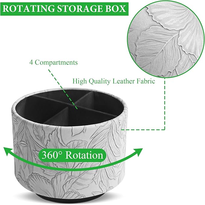 Hennaja Round Leather Art Supply Organizer,Remote Control Holder,360 Degree Spinning,Multi-Functional Pencil Holder,4 Compartments Desktop Stationary Organizer(1-Carved Grey)-NeatNest