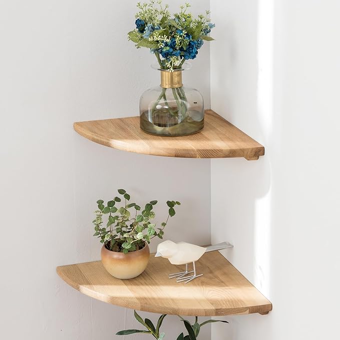 Corner Shelves, Floating Corner Shelf, Set of 2 7inch Solid Oak Wood Wall Shelves, Round End Wall Mount with Wire Hole Shelving for Small Plant for Bedroom Kitchen, Living Room-NeatNest