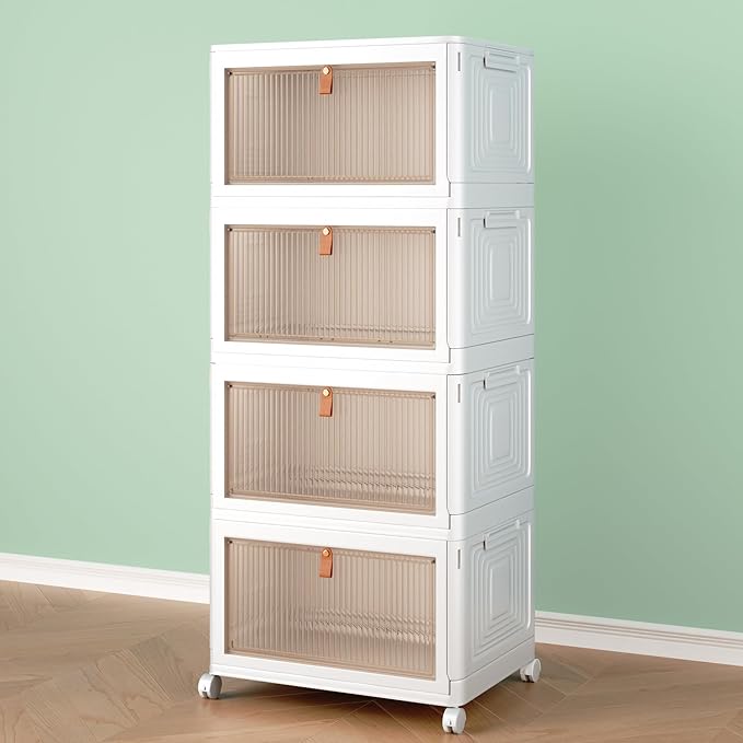 4 Tier Storage Bins with Lids, 23QT Stackable Closet Organizers and Storage with Wheels, Collapsible Storage Boxes, Foldable Plastic Storage Containers for Home,Office, Dorm Room-NeatNest