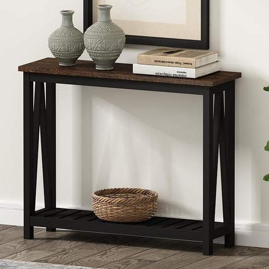 ChooChoo Console Table for Entryway Sofa Tables Living Room Farmhouse, Hallway Foyer Table Narrow with Shelf, Black-NeatNest