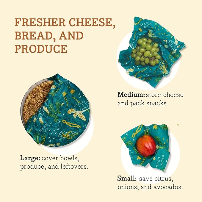 Bee's Wrap Beeswax Wraps for Food - Ocean 3 Pack (S, M, L) Made in USA Reusable & Organic Food Wraps, Sandwich Wrap & Bowl Covers - Eco-Friendly Alternative to Aluminum Foil & Plastic Wrap-NeatNest