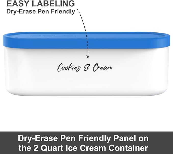 BALCI - Ice Cream Container - 2 Quart & 8oz set - Perfect Reusable Freezer Storage for Homemade Ice Cream Tubs for Sorbet, Frozen Yogurt and Gelato! - Flexible Silicone Lids, Long Scoop, Stackable