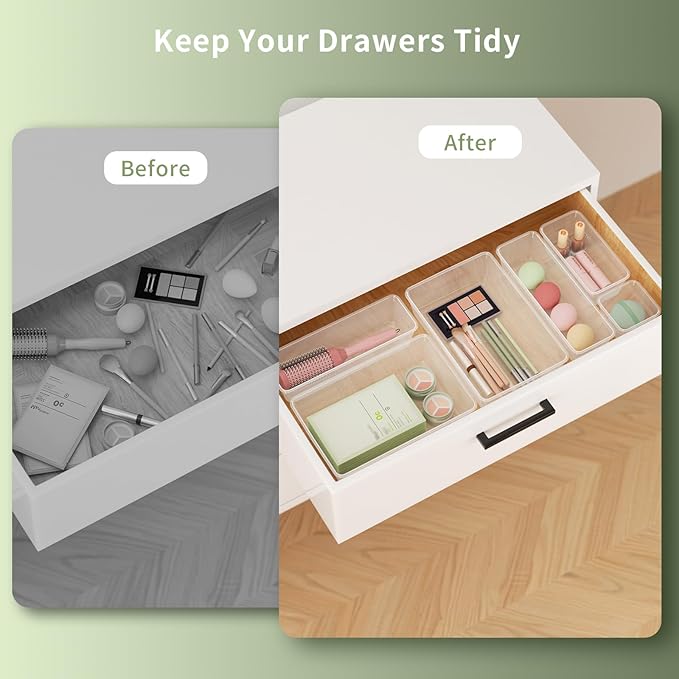 10 PCS Clear Drawer Organizer Set, 4 Sizes Plastic Makeup Organizer Trays with Non-Slip Silicone Pads, Desk Organization and Storage Bins for Vanity, Bathroom, Office, Kitchen, Fridge, School-NeatNest