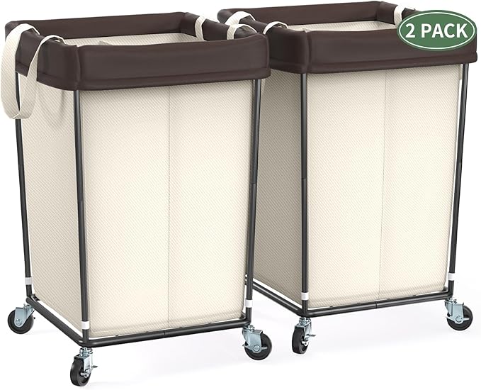 Laundry Hamper with Wheels, Laundry Basket with Wheels Laundry Sorter Cart, Narrow Slim Clothes Hamper Organizer with Sturdy Metal Frame (Beige-2 Section-2PK, Large)