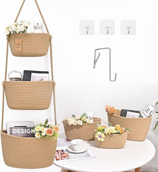 Hanging Storage Baskets, 3-Tier Over the Door Basket, Cotton Wall Baskets Storage, Detachable Hanging Door Basket with 4 Hooks, Over the Door Organizer Nursery for Bedroom, Living Room, Bathroom Wall