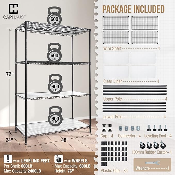 CAPHAUS NSF Commercial Grade Heavy Duty Wire Shelving w/Wheels, Leveling Feet & Liners, Storage Metal Shelf, Garage Shelving Storage, Utility Wire Rack Storage Shelves, w/Liner, 48 x 24 x 76 4-Tier-NeatNest