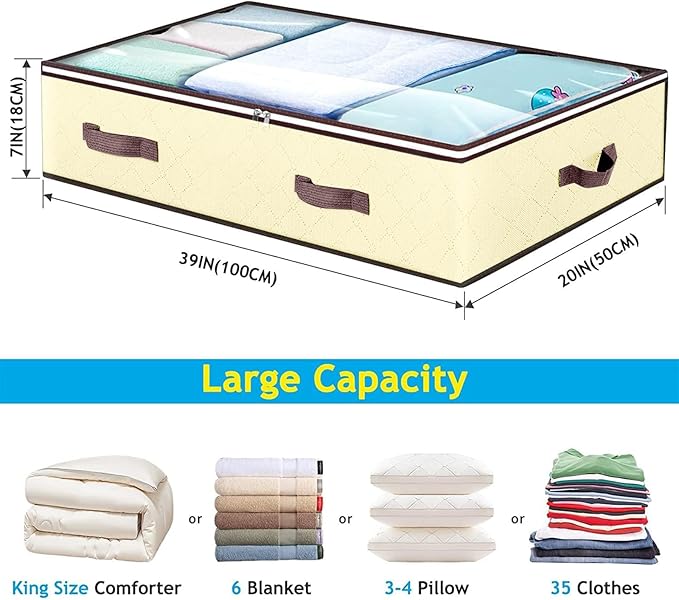 Budding Joy 6 Pack 90L Under bed Storage Containers Organizer Large Capacity Underbed Clothes Storage Bins Organization and Storage Bedroom Foldable Storage Bags with Clear Window Beige-NeatNest