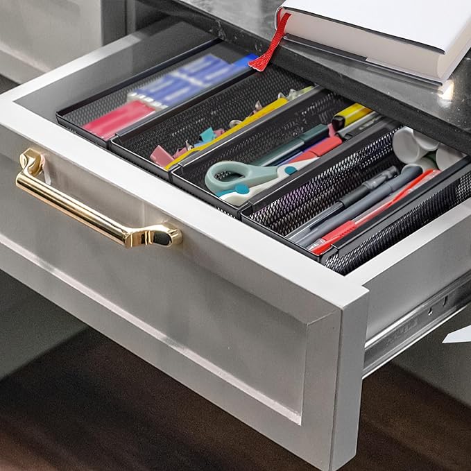 2PCS Drawer Organizer, Mesh Drawer Organizer with Interlocking Arm for Utensil, Cosmetic, Flatware, Pen (12 * 3 * 2 Inches, Black)-NeatNest