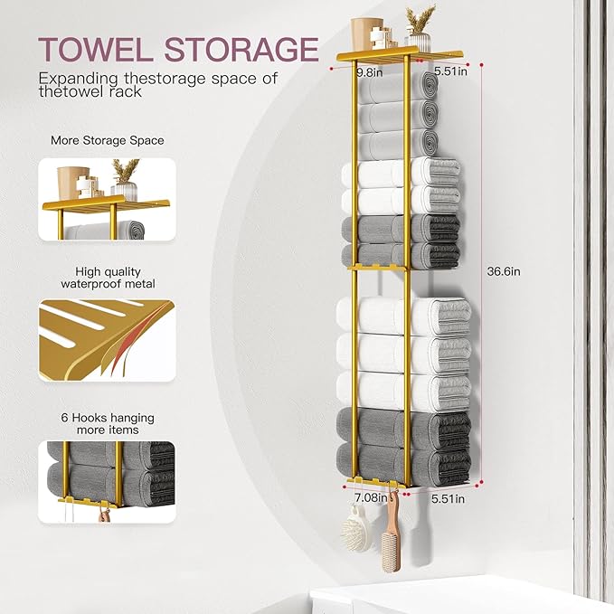 Towel Racks for Bathroom, 36.6 inch Metal Towel Storage, 8 Large Bath Towels Capacity, 3-Tier Towel Holder for Bathroom, with Shelf & 6 Hooks, Wall Mounted Towel Rack for Rolled Towels, Gold