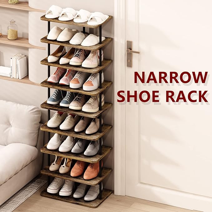 AZERPIAN Shoe Rack 9 Tier Vertical Storage Organizer Double Row Narrow Metal Slim Shelf Modern Free Standing Shoe Tower Saving Space for Closet Entryway Bedroom,Black+Rustic Brown-NeatNest