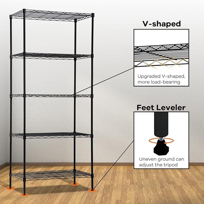 5-Tier Wire Shelving Unit Storage Shelves 61"x24"x14" Metal Heavy Duty Wire Rack Shelving NSF for Home Kitchen Bathroom Garage(Black)