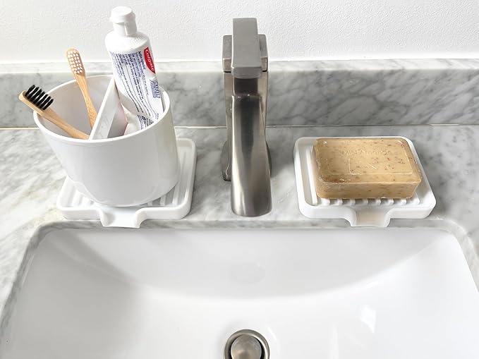 Happitasa Silicone Soap Dish Tray and Sponge Holder with Drain Chute, Pack of 2 | Bathroom and Kitchen Sink Organizer Caddy (Black, 5.2"x4", 7.2 Ounces)-NeatNest