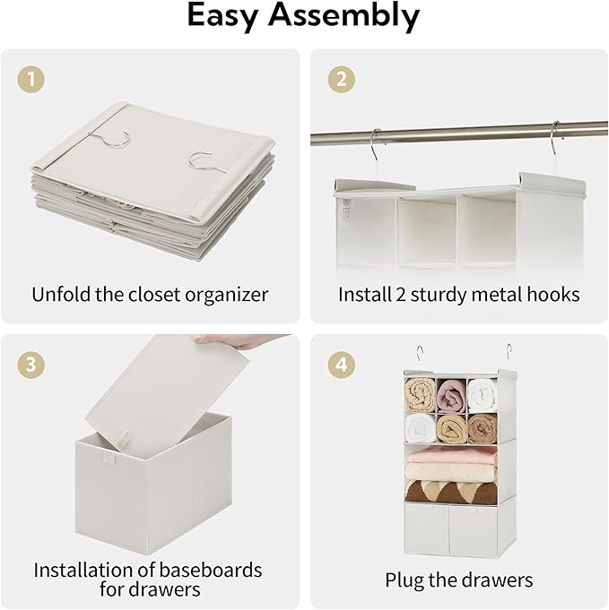 GRANNY SAYS Hanging Closet Organizer with Drawers, 4 Shelf Dividers Closet Hanging Organizer, Foldable Hanging Shelves for Clothes Organizer, Small Closet Organizers and Storage, Beige-NeatNest