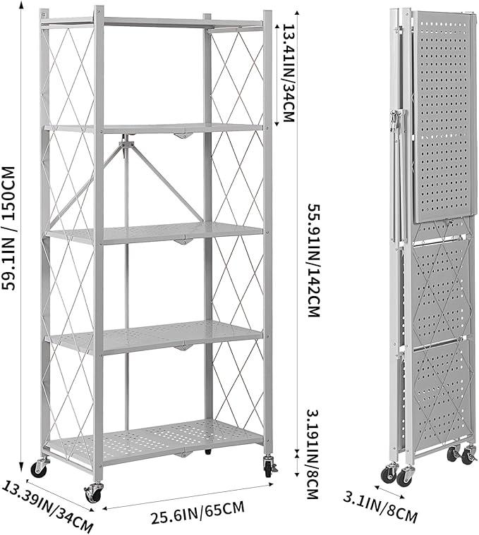 BRIAN & DANY 5-Tier Foldable Storage Shelves with Wheels, Folding Metal Rack Shelving Unit, Heavy Duty No Assembly Organizer Shelf for Garage, Kitchen, Basement, Pantry, Gray-NeatNest