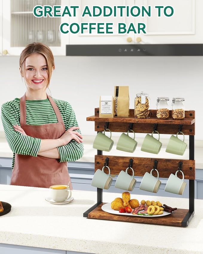 IBUYKE Rustic Coffee Mug Holder Stand, 2 Tier Countertop Mug Tree Holder Rack with Storage Base, Vintage Mug Holders for Kitchen, Holds 8 Mugs, Rustic Brown UTBJ002H-NeatNest