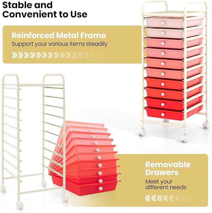 COSTWAY 10-Drawer Rolling Storage Cart, Utility Mobile Trolley with Removable Drawers & Universal Casters & 2 Brakes, Versatile Flexible Drawer Organizer Cart for Home, Office, Mixed Pink-NeatNest