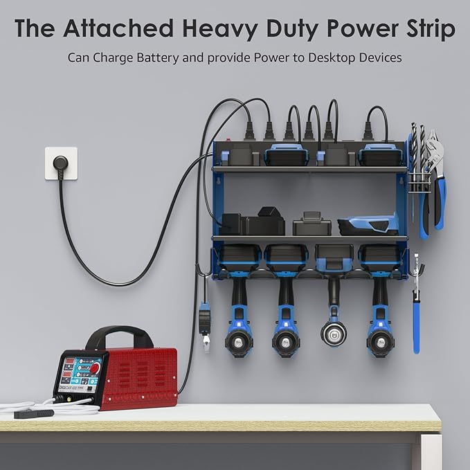 CCCEI Set Power Tool Organizer Wall Mount with Charging Station. Garage 4 Drill Storage Shelf with Hooks, Heavy Duty Metal Tool Battery Charger Organizer. Shop Utility Rack with Power Strip Blue.-NeatNest