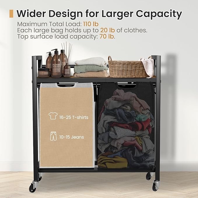 Laundry Hamper, Laundry Basket, Laundry Sorter with 2 Removable Bags, Clothes Basket with 2 Compartments, Wheels, Shelf for Laundry Room Bathroom Bedroom (2 Bags-Black Grey)-NeatNest