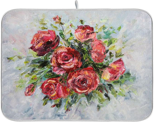 Absorbent Dish Drying Mat for Kitchen Counter - Red Rose Oil Painting Microfiber Drying Pad, Reversible Drainer Mats for Countertop, Large 18" x 24"