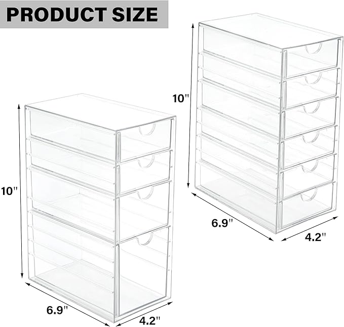 Prsildan Acrylic Drawer Makeup Organizer with 10 Drawers, Set of 2 Office Desk Organizers Accessories, Clear Stackable Storage Drawers for Vanity, Countertop, Craft, Jewelry, Art Supply Organization-NeatNest