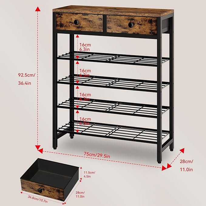 IBUYKE 5 Tier Shoe Rack, Metal Shoe Storage Organizer for 12-16 Pairs of Shoes, Modern Shoe Stand with 2 Drawers,Metal Shelf for Entryway Closet Bedroom, Rustic Brown TXJ041H-NeatNest