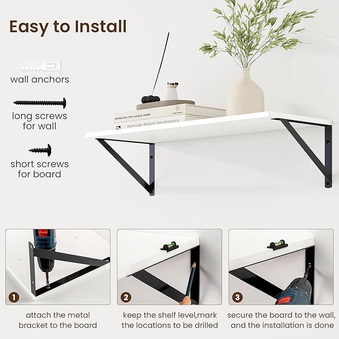 Fun Memories Deep Floating Shelves for Wall, 24W x 8D Wall Mounted Shelves Set of 2, Wide Display Ledge Shelf with Sturdy Metal Brackets for Living Room, Bathroom, Bedroom and Kitchen, White-NeatNest