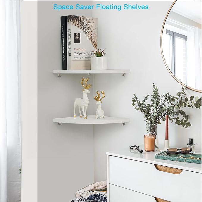 10 inch Corner Wall Shelf Set of 2, Solid Wood Corner Floating Shelves for Wall, Round End Wall Mounted Floating Shelf for Bedroom, Living Room and Kitchen (White-10 inch)-NeatNest
