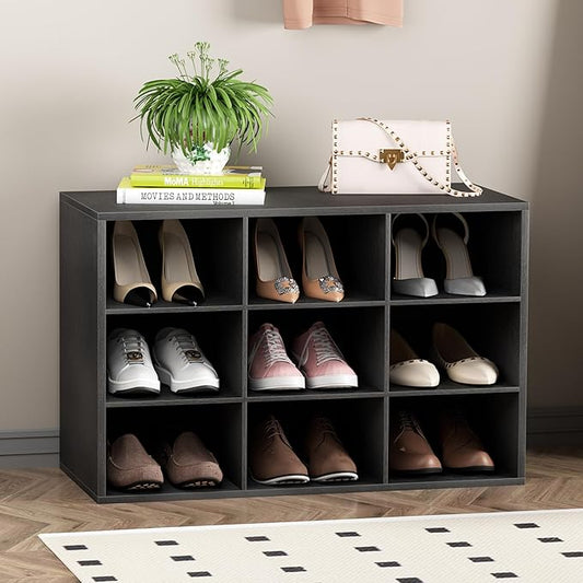 Garden 4 you Shoe Storage Bench, Cubby Shoe Rack with 9 Cubbies, 3-Tier Wood Shoe Rack Organizer, Shoe Organizer Cabinet for Entryway, Hallway, Closet and Garage, Black-NeatNest