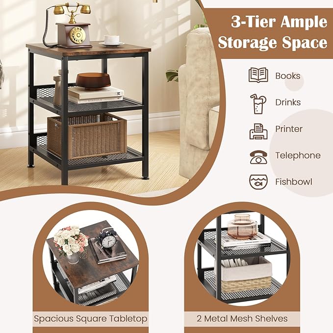 Giantex 3-Tier End Table Set of 2, Industrial Telephone Table with 2 Mesh Storage Shelves, Metal Frame, 16 Inch Square Sofa Side Table Nightstand for Living Room, Bedroom, Small Space, Rustic Brown