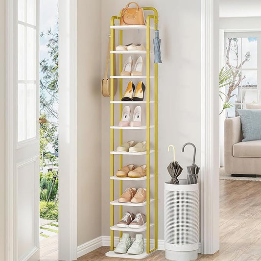 10 Tiers Vertical Shoe Rack, Narrow Shoe Tower, Tall Shoes Shelf with 2 Hooks, Adjustable Shelves, Corner Shoes Shelves for Small Spaces, Entryway, Living Room, White Gold SR11213A-NeatNest
