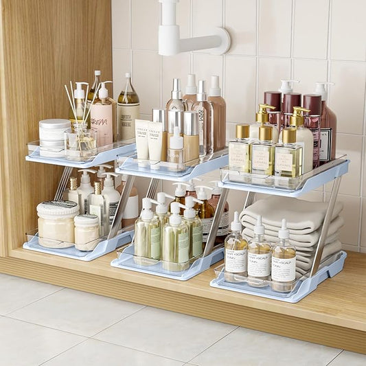 3 Pack Bathroom Organizers and Storage - Multi-Purpose,2-Tier Clear Pull Out Organization for Bathroom,Under Sink,Kitchen,Vanity,Countertop,Cabinet,Pantry & Medicine Cabinet,Blue-NeatNest