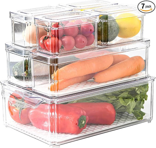 7-Piece Stackable Fridge Organizer Set - Clear Containers with Lids, Perfect for Organizing Vegetables, Fruits, Food, and Drinks