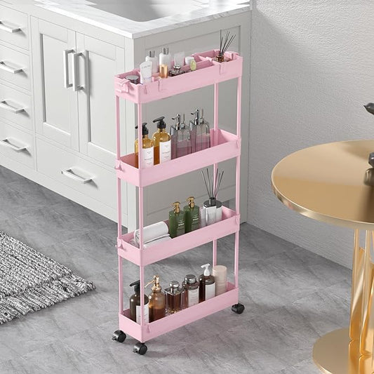 SPACELEAD Slim Storage Cart 4 Tier,Bathroom Organizer Rolling Utility,Mobile Shelving Unit Slide Out for Office, Kitchen, Laundry Room & Narrow Places,Pink-NeatNest