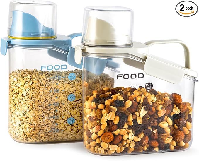 2 PCS Cereal Storage Containers, 1.5L/51oz Dry Food Rice Holder, Pet Dog Cat Food Dispenser with Measuring Cup, BPA Free Clear Plastic Kitchen Pantry Organization Bin, 1 Blue+1 White-NeatNest
