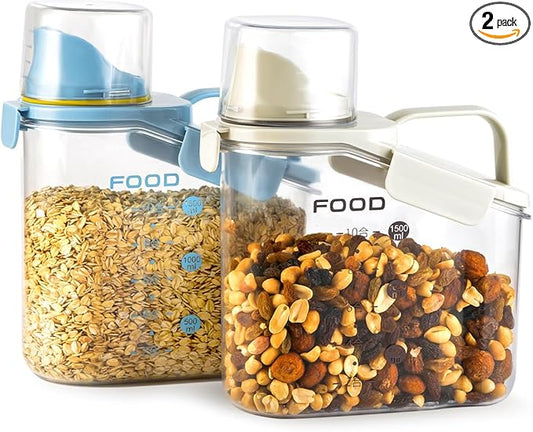 2 PCS Cereal Storage Containers, 1.5L/51oz Dry Food Rice Holder, Pet Dog Cat Food Dispenser with Measuring Cup, BPA Free Clear Plastic Kitchen Pantry Organization Bin, 1 Blue+1 White-NeatNest