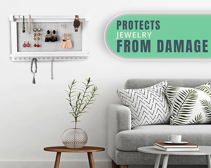 Comfify Rustic Jewelry Organizer - Wall Mounted Jewelry Holder w/Removable Bracelet Rod, Shelf & 16 Hooks - Perfect Earrings, Necklaces & Bracelets Holder - Pure White-NeatNest